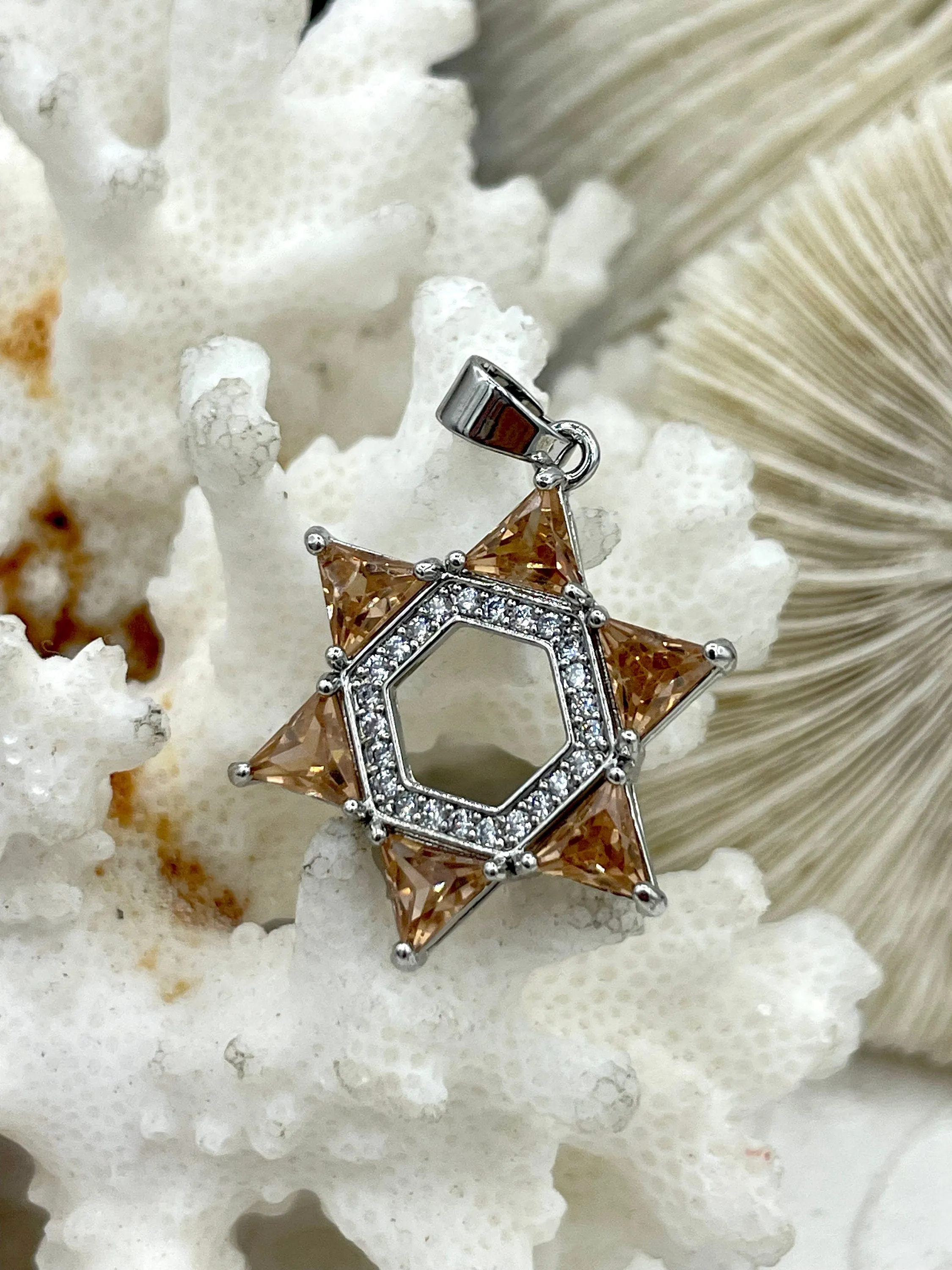 CZ Micro PAVE Star of David Charms, Topaz Colored Cz, Cubic Zirconia Cross Charms, Silver Plated Brass, CZ Pendants, Cross Charms Fast Ship