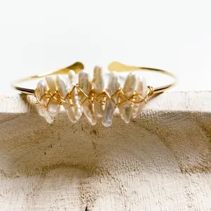 Discover- Wire Wrapped Pearl Cuff in Gold