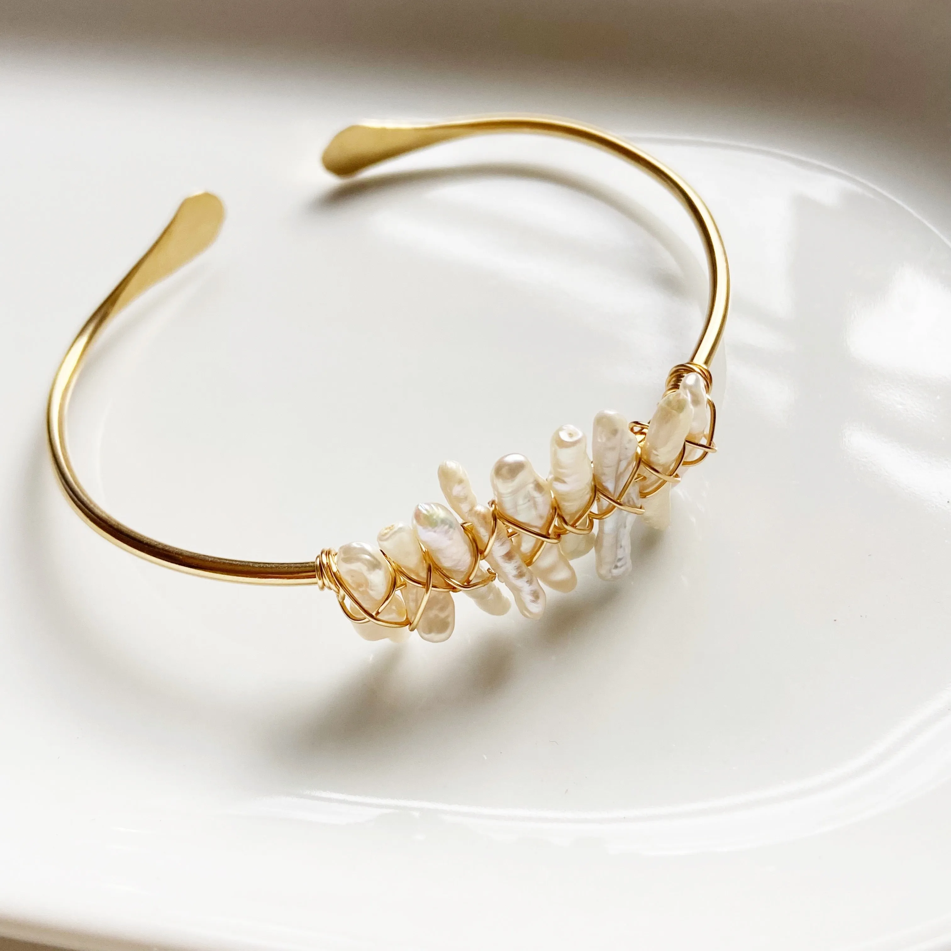 Discover- Wire Wrapped Pearl Cuff in Gold