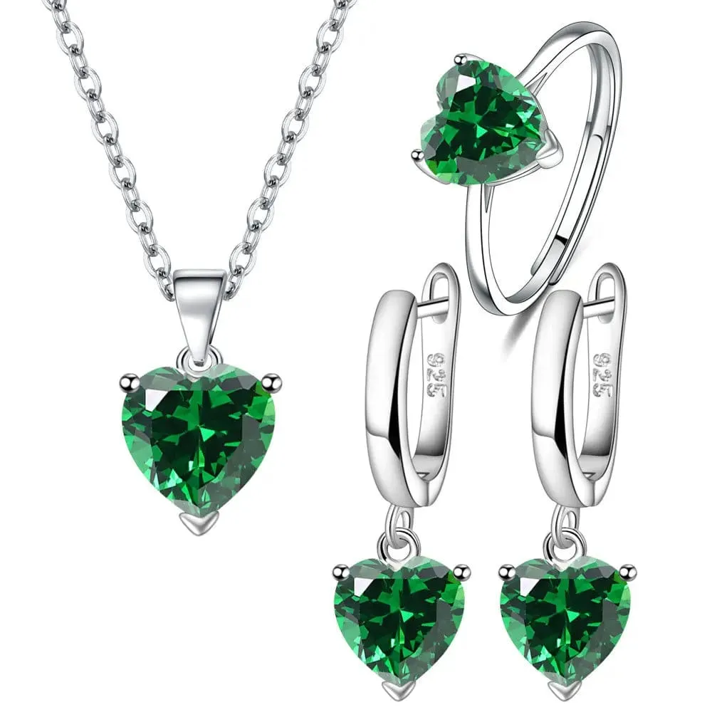 Elegant 925 Sterling Silver Jewelry Sets For Women Heart Zircon Ring Earrings Necklace