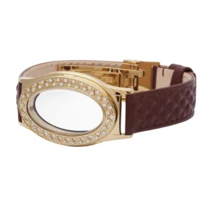 Embossed Brown Leather Stainless Steel Gold Tone PVD Finish Oval Locket Bracelet with White Topaz Stones