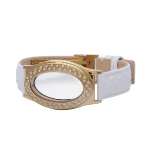 Embossed White Leather Stainless Steel Gold Tone PVD Finish Oval Locket Bracelet with White Topaz Stones