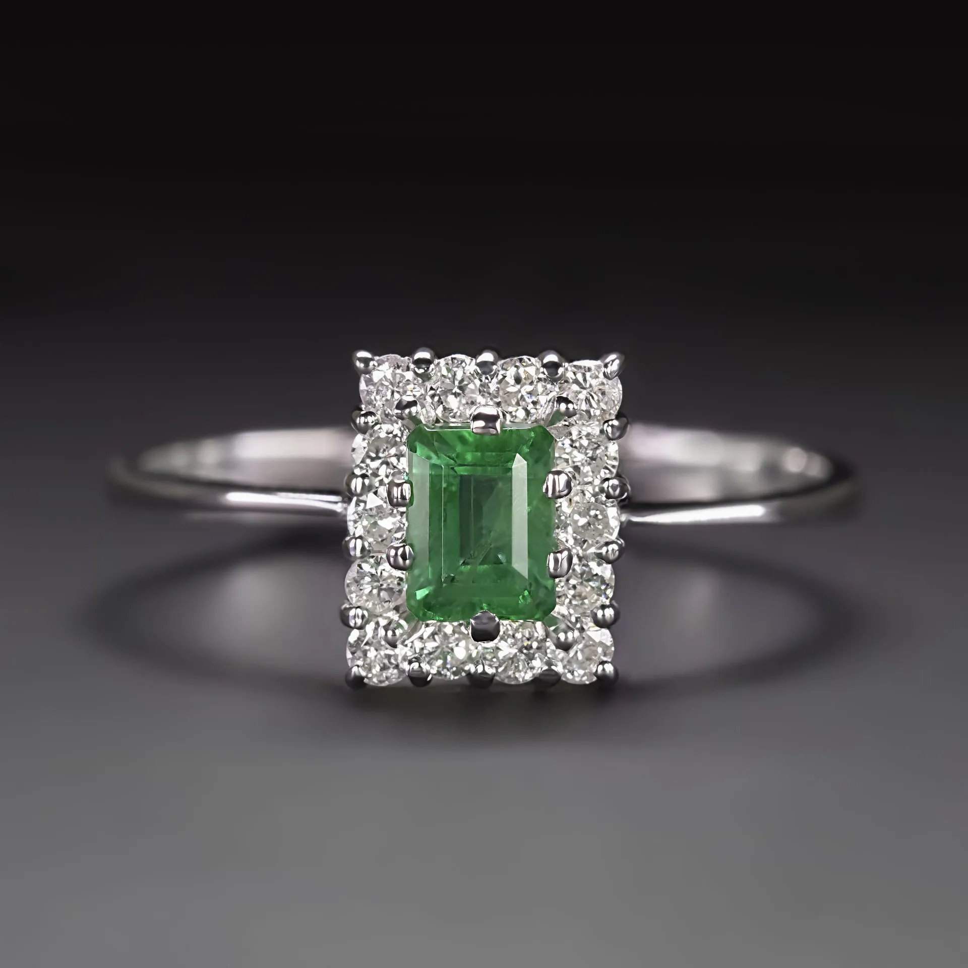 EMERALD DIAMOND HALO COCKTAIL RING 18k WHITE GOLD NATURAL RECTANGLE STEP CUT