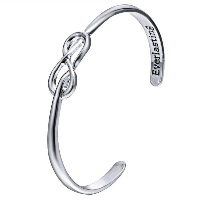 Engraved Open Cuff Silver Infinity Bangle Bracelet