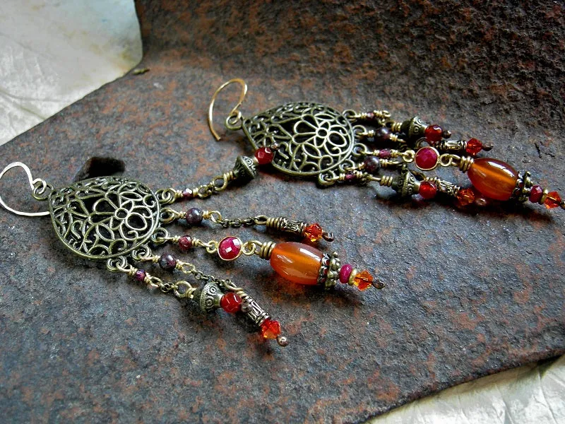 Fall's Riches Chandelier Earrings, Ruby, Gold, Carnelian, Garnet