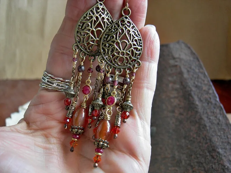 Fall's Riches Chandelier Earrings, Ruby, Gold, Carnelian, Garnet