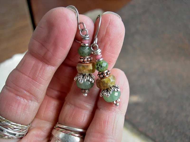 Gemstone Bead Stack Minimalist Earrings, Natural Earthy Colors