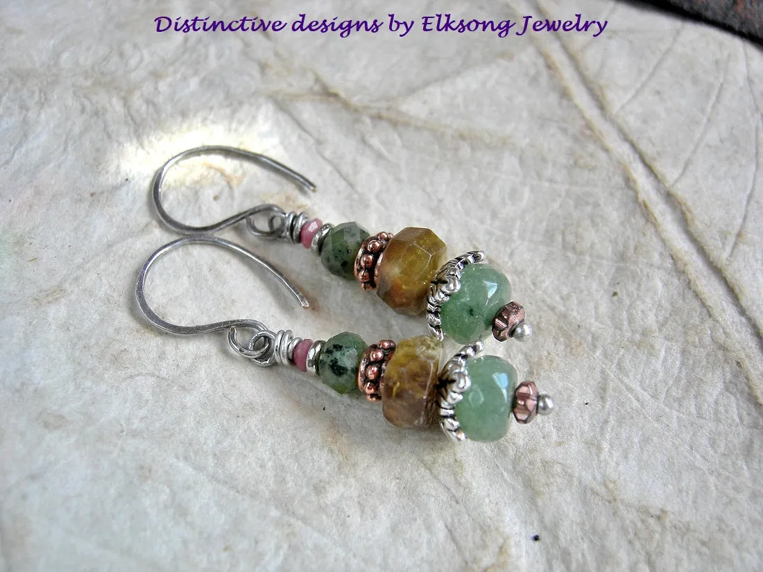 Gemstone Bead Stack Minimalist Earrings, Natural Earthy Colors