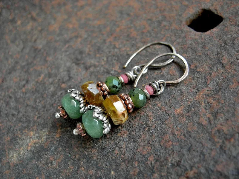 Gemstone Bead Stack Minimalist Earrings, Natural Earthy Colors