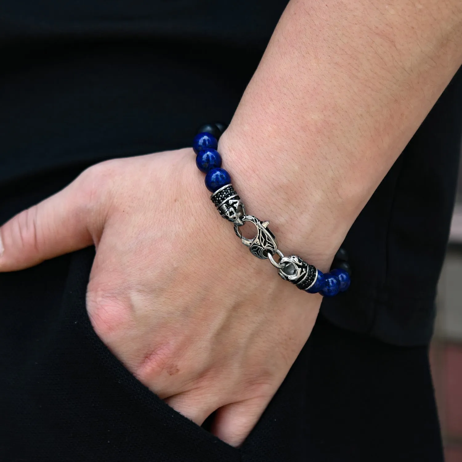 Genuine Black Matte Agate Lapis Stainless Steel Beaded Men's Bracelet