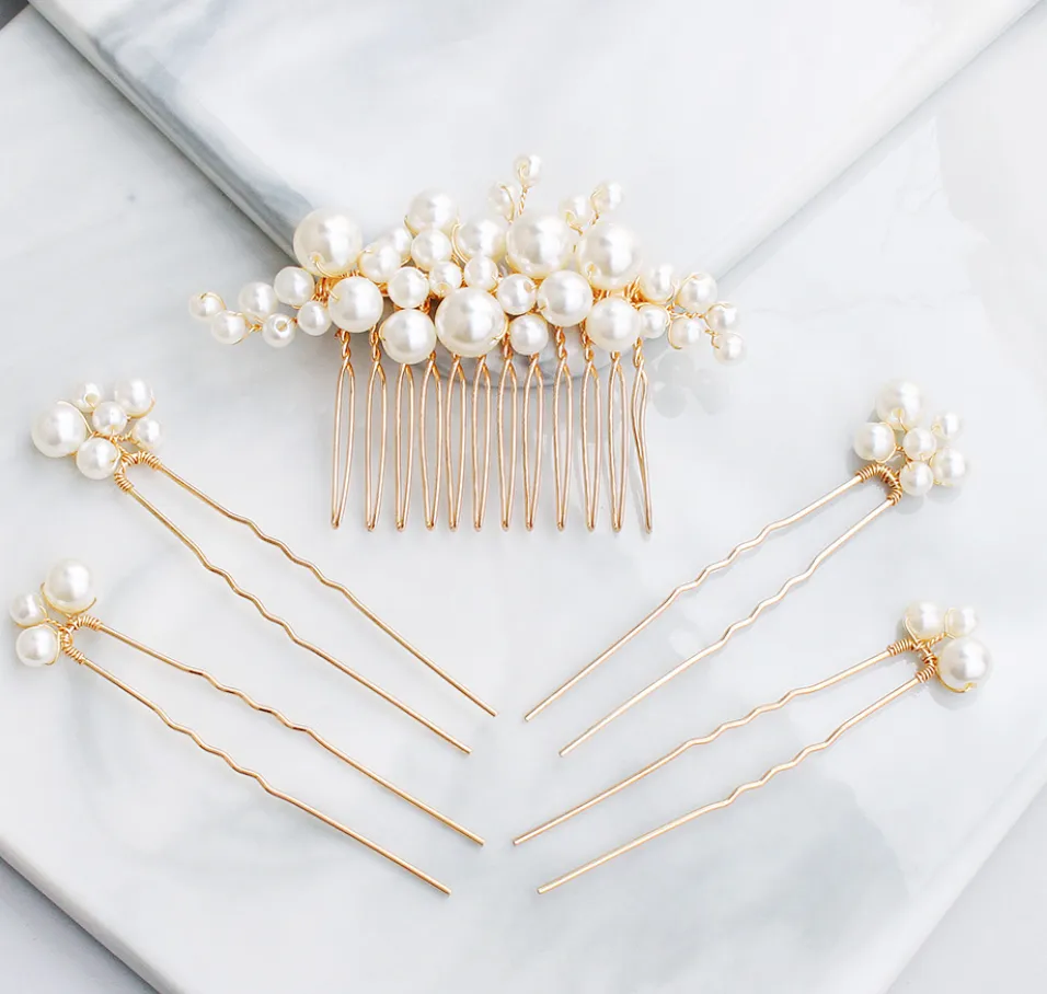 Gold Pearl Hair Comb Set