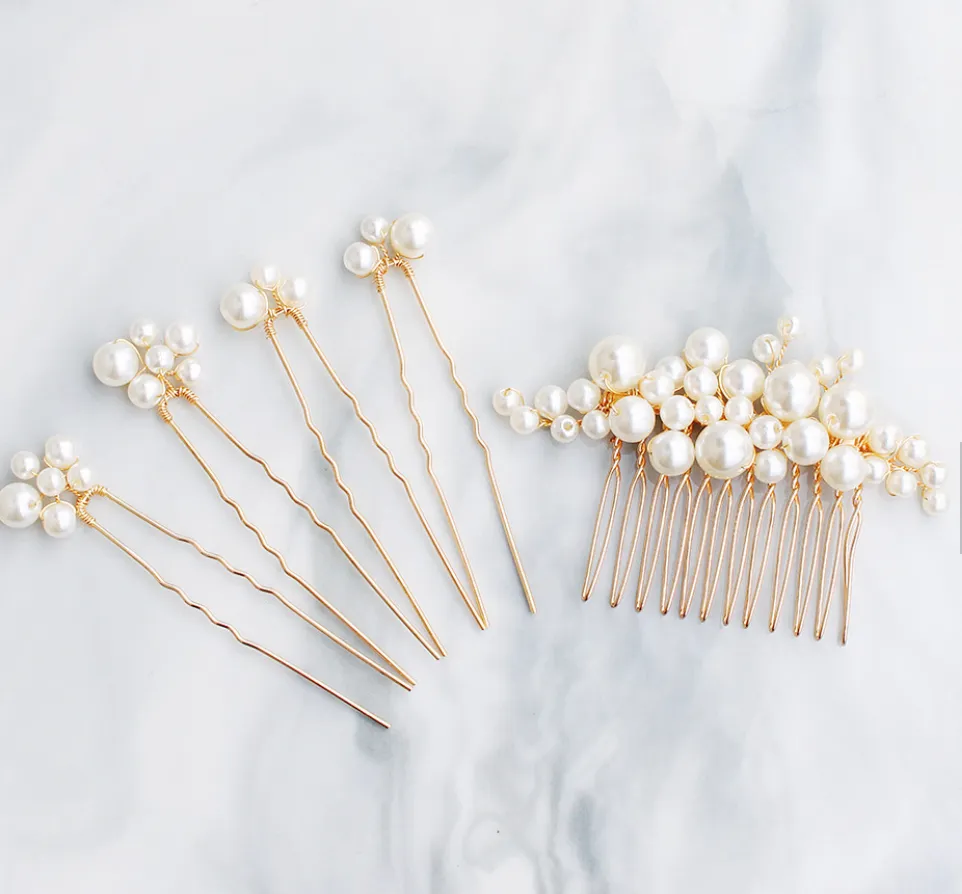 Gold Pearl Hair Comb Set
