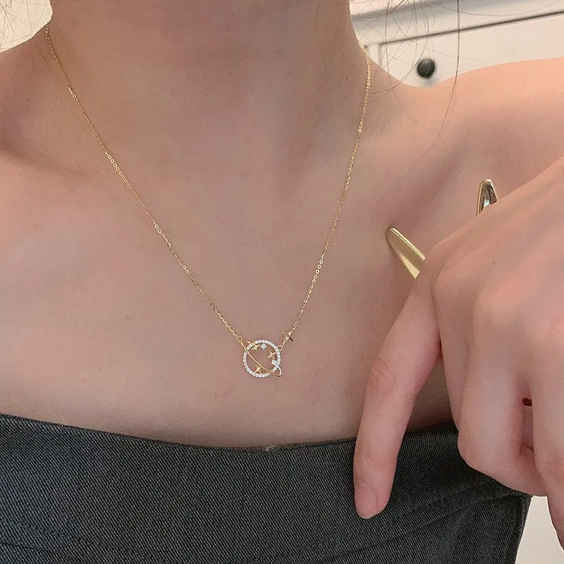 Gold Planet Pendant 925 Sterling Silver Necklace