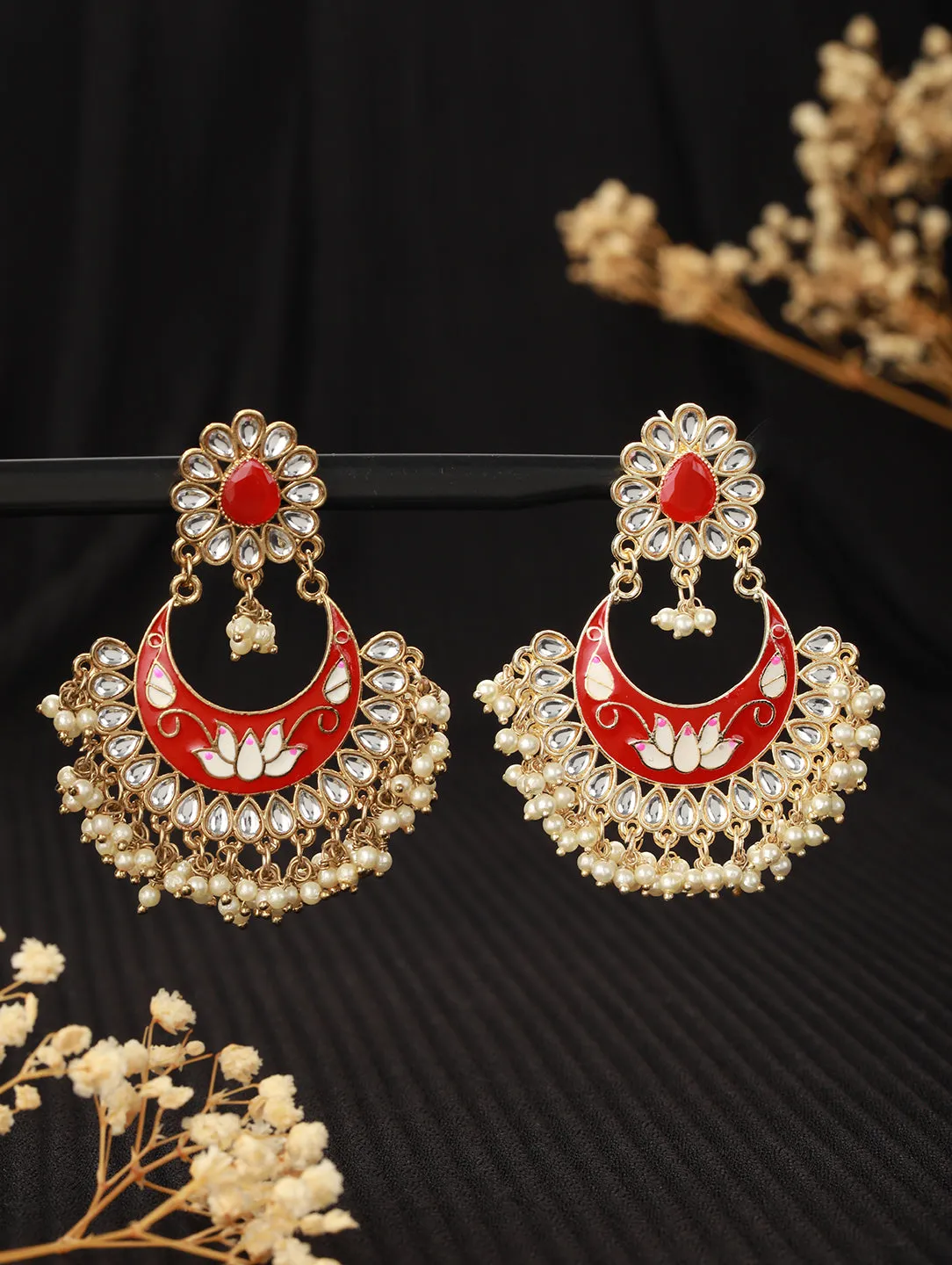 Gold-Toned & Meenakari Crescent Shaped Chandbalis