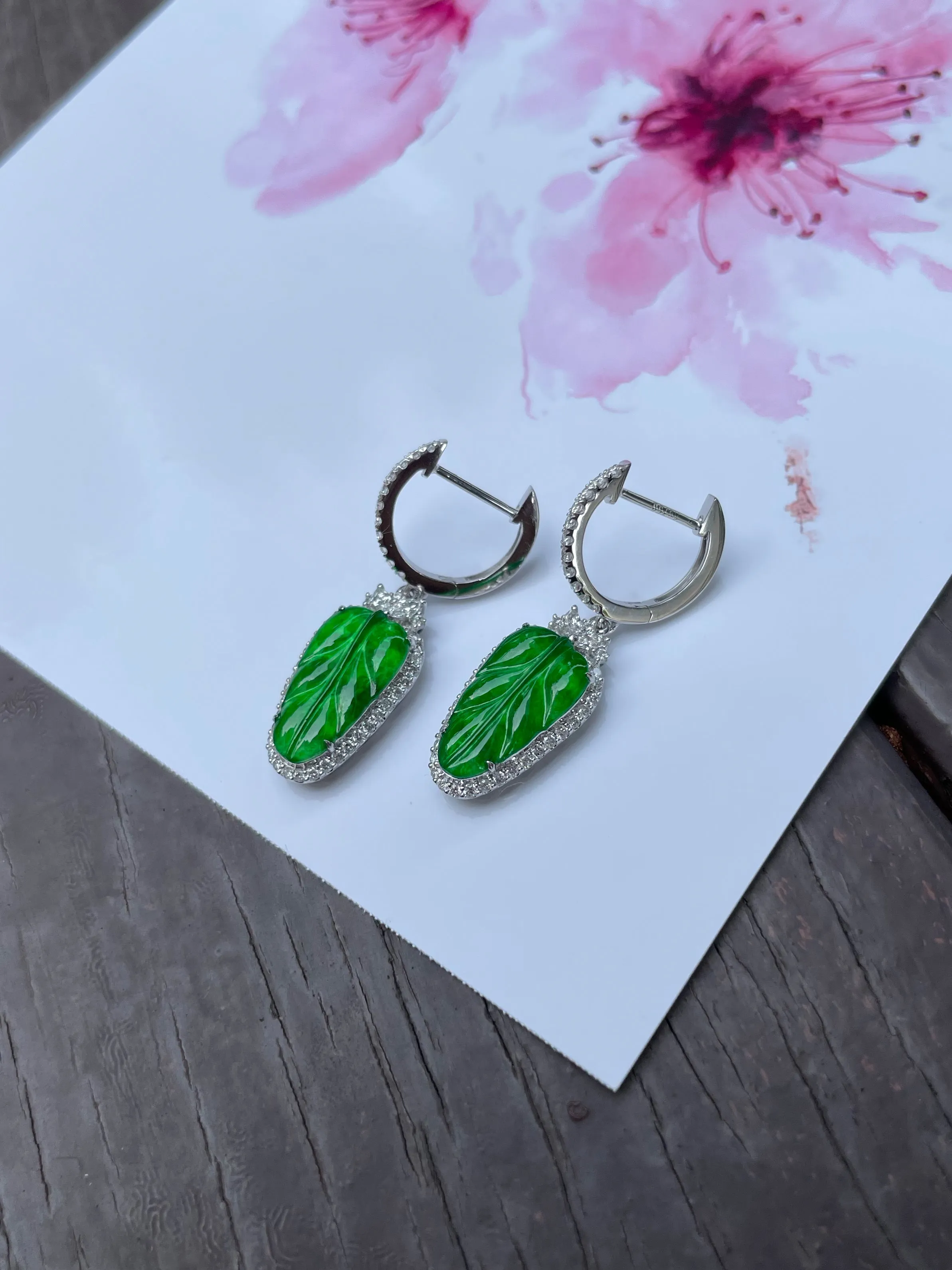 Green Jade Earrings - Leaf Carvings (NJE036)
