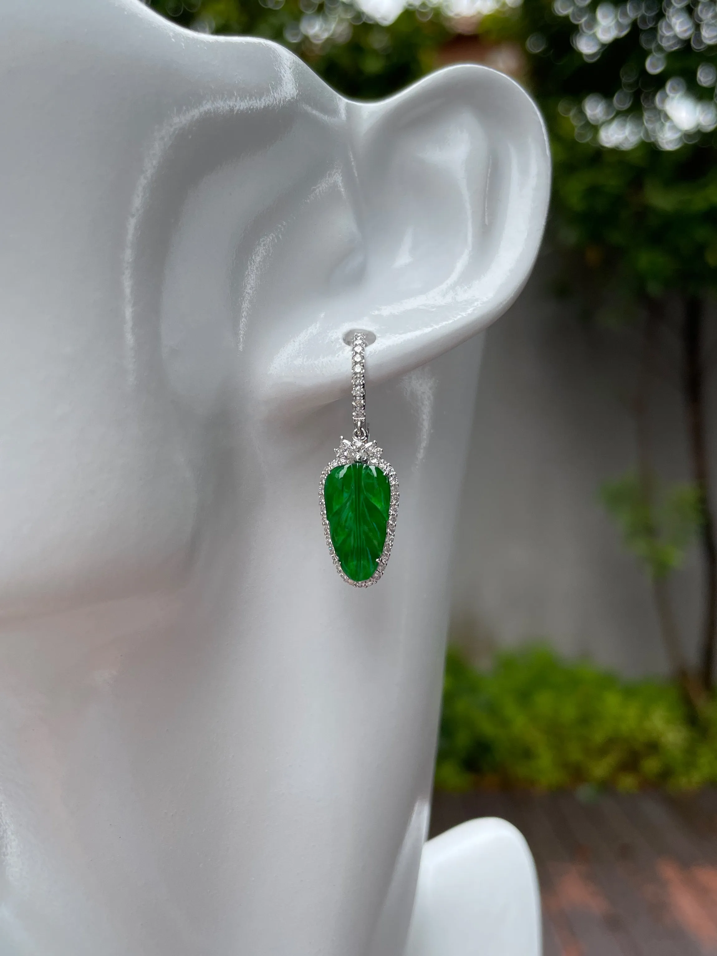 Green Jade Earrings - Leaf Carvings (NJE036)