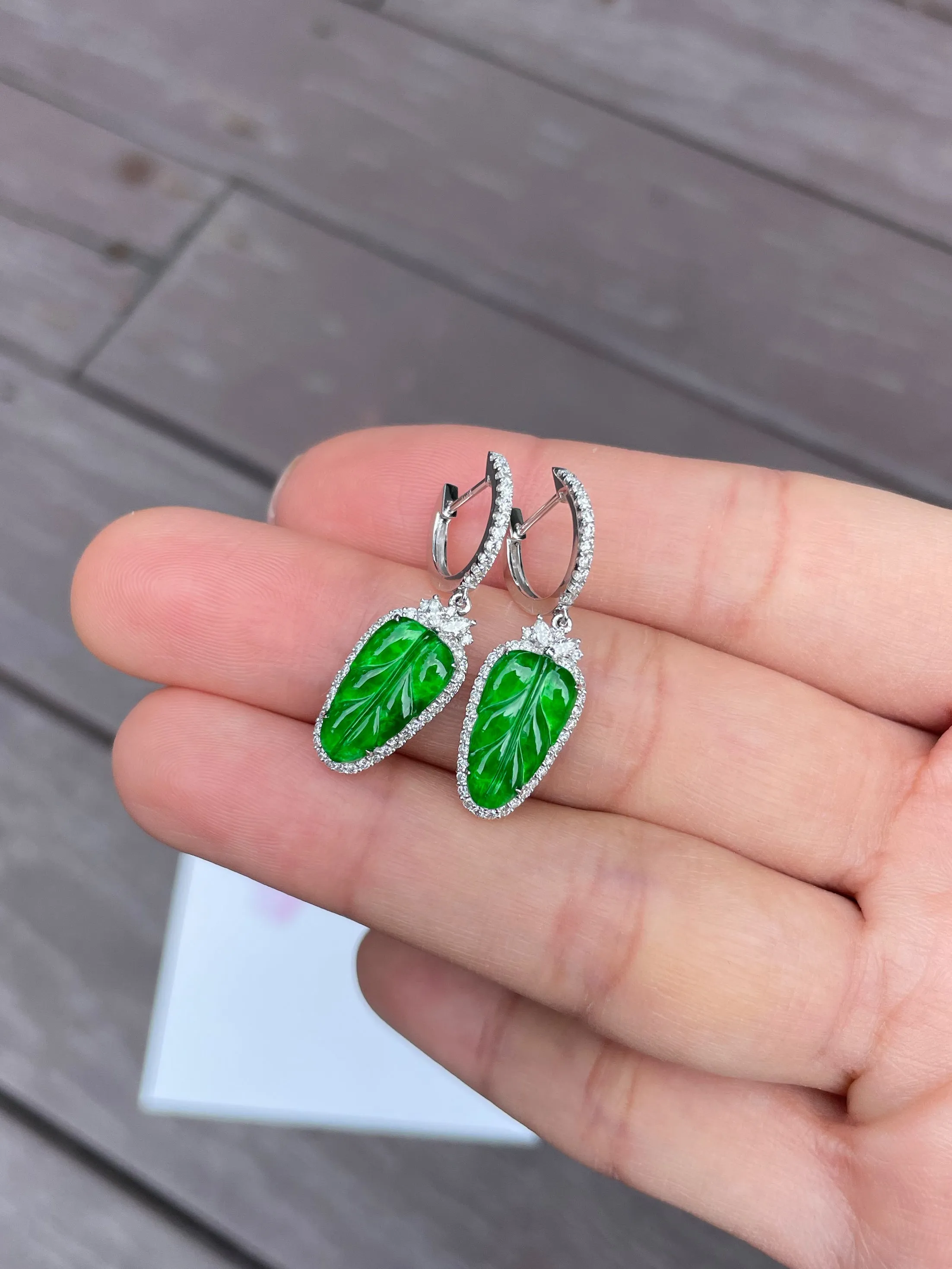 Green Jade Earrings - Leaf Carvings (NJE036)