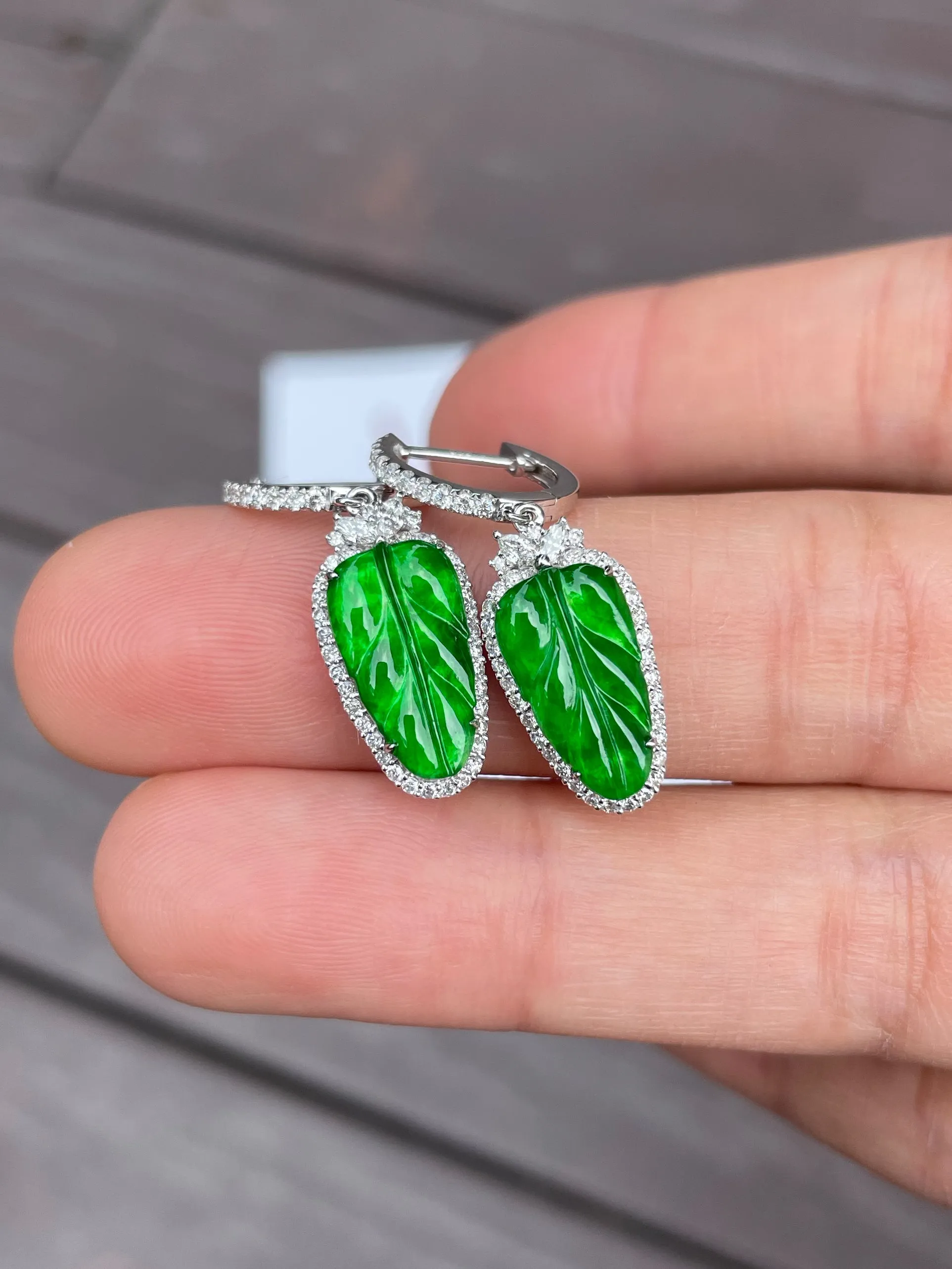 Green Jade Earrings - Leaf Carvings (NJE036)