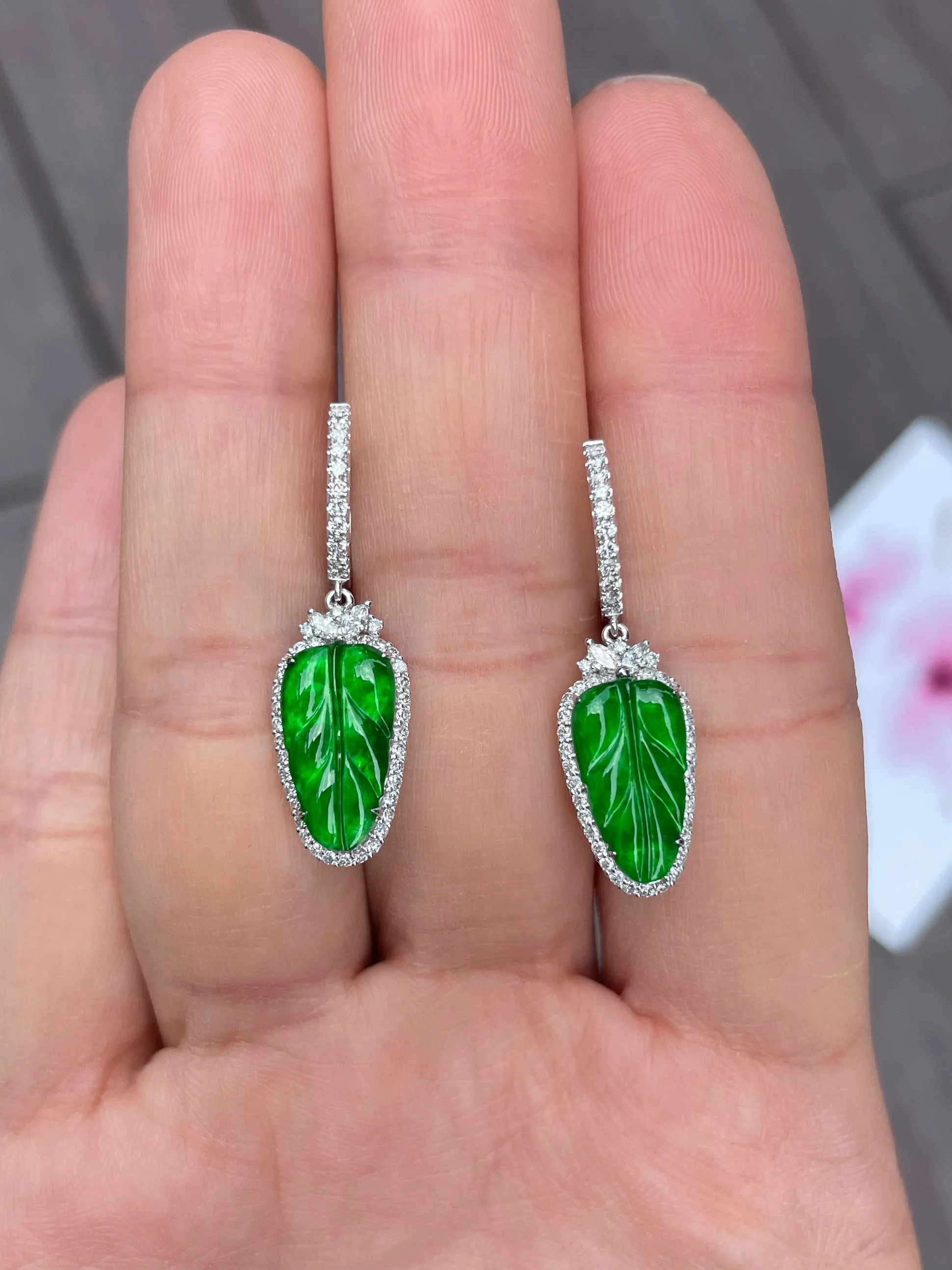 Green Jade Earrings - Leaf Carvings (NJE036)