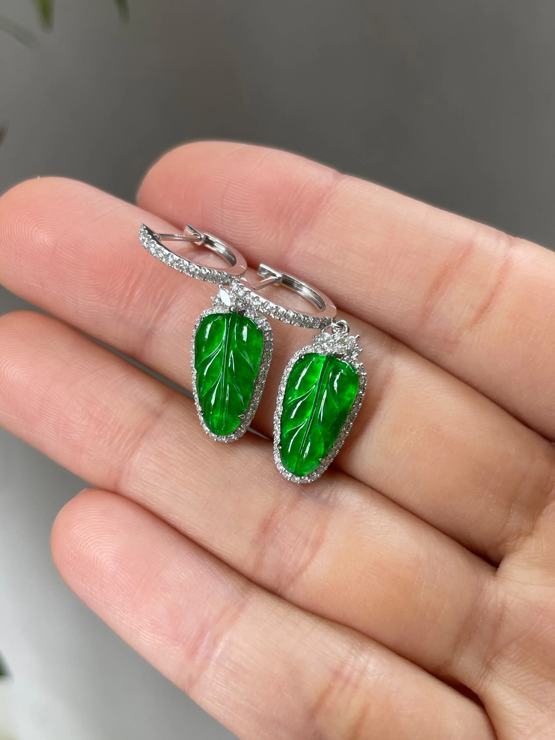Green Jade Earrings - Leaf Carvings (NJE036)