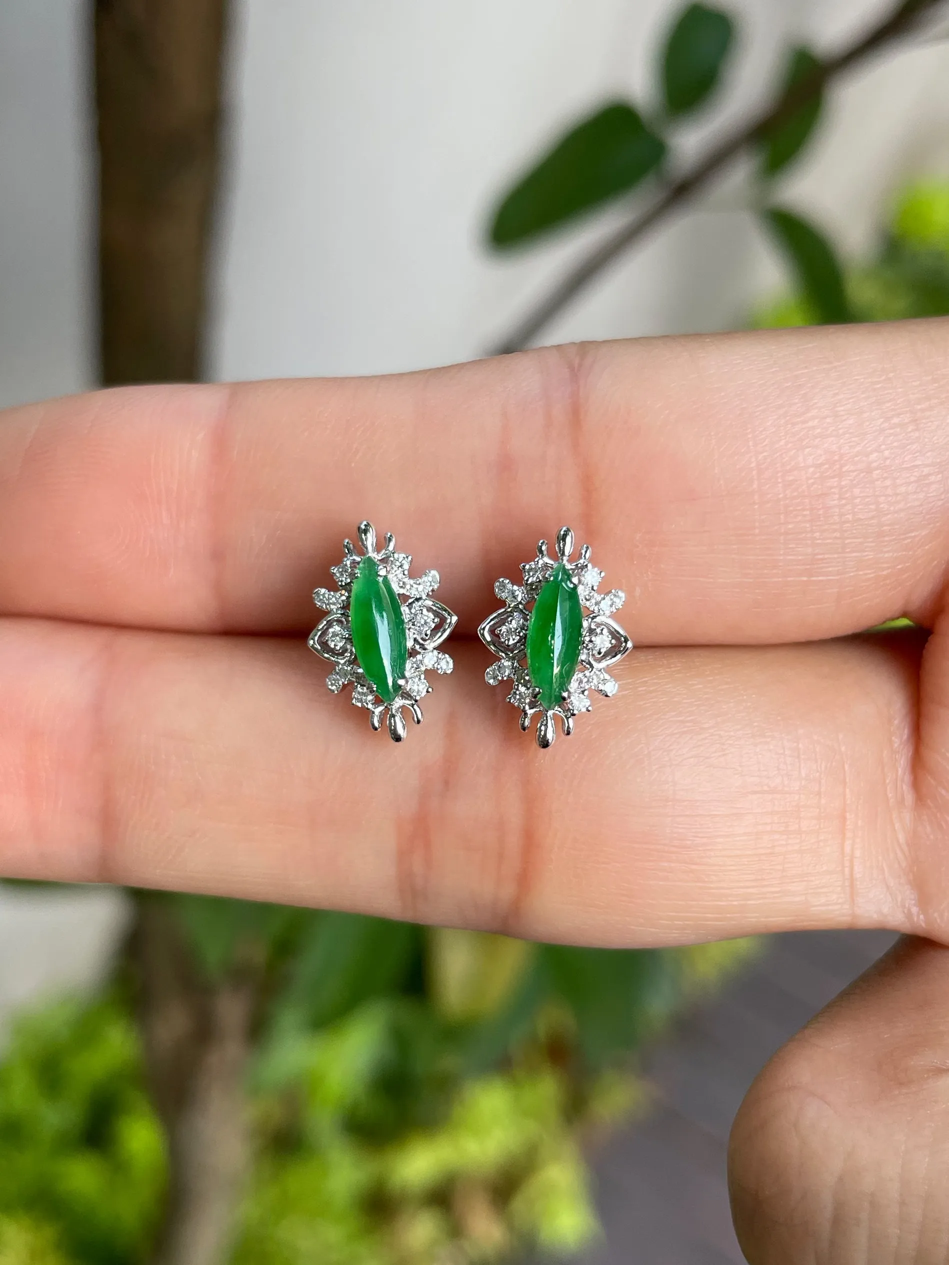 Green Jade Earrings - Marquise Cut (NJE067)