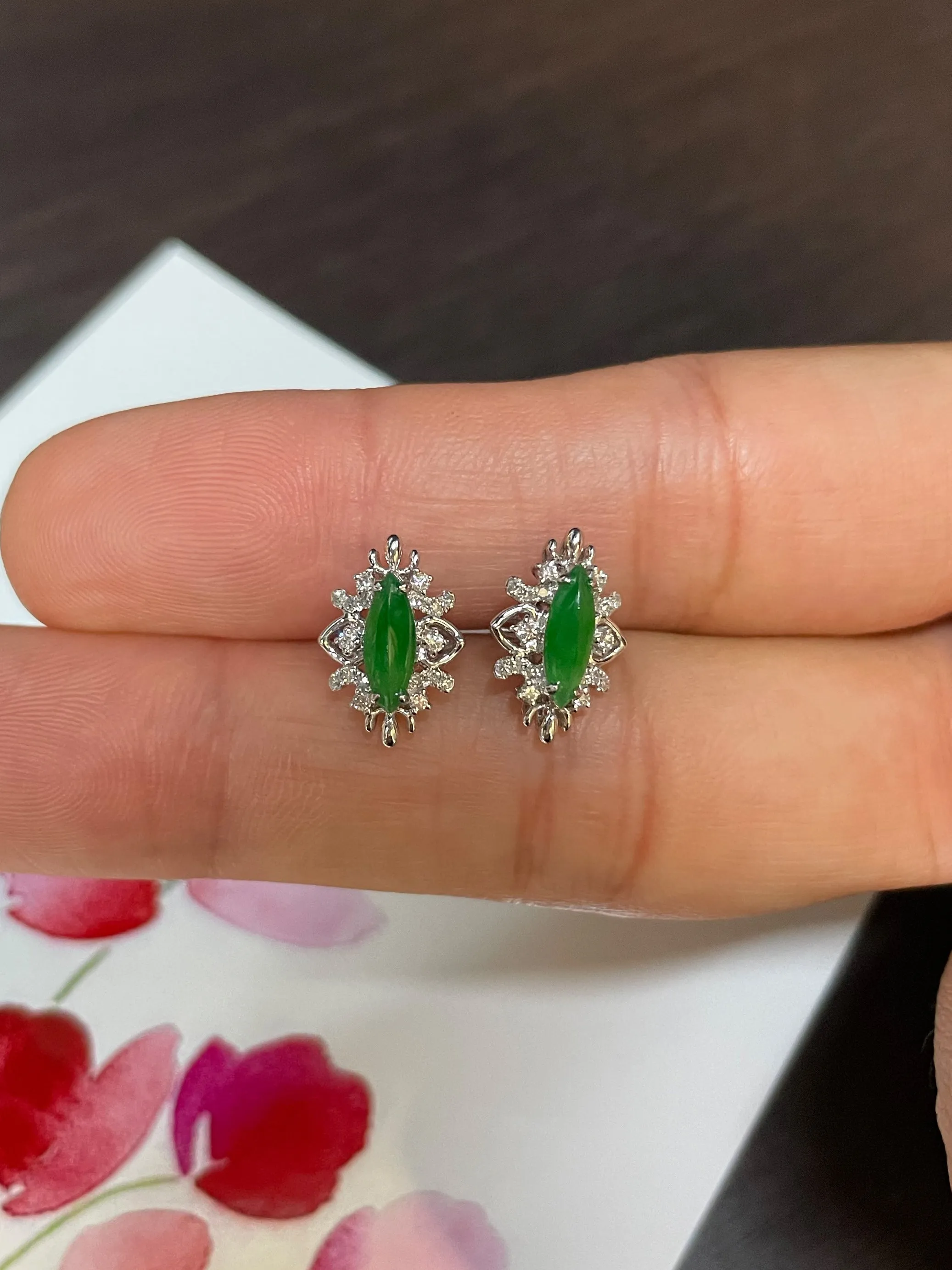 Green Jade Earrings - Marquise Cut (NJE067)
