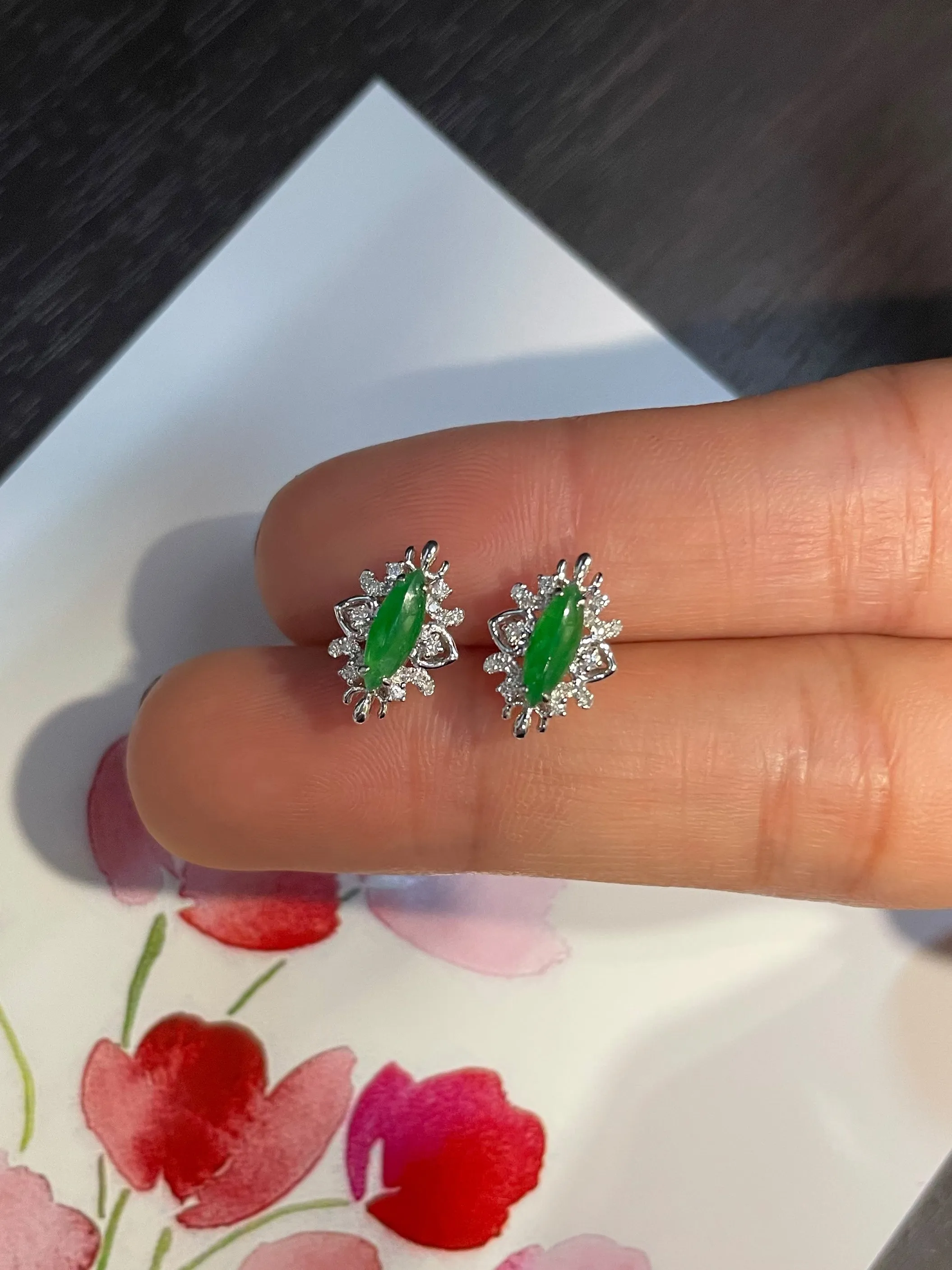 Green Jade Earrings - Marquise Cut (NJE067)