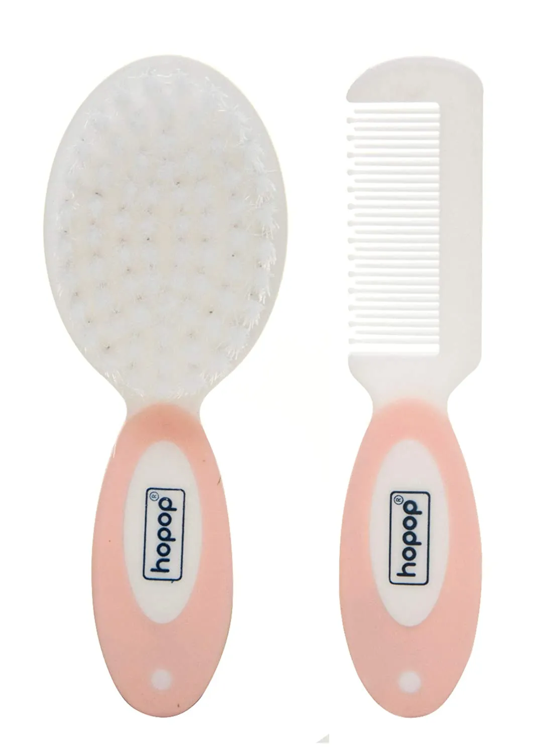 HOPOP Soft Bristle Comb & Brush Set For Babies - White & Pink 0m 