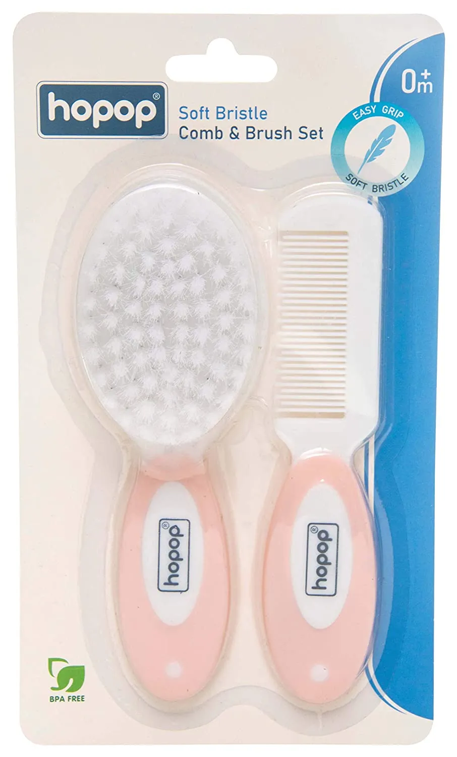 HOPOP Soft Bristle Comb & Brush Set For Babies - White & Pink 0m 