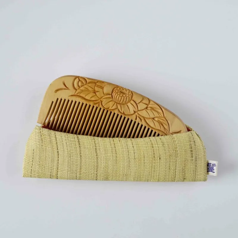 Japanese Tsuge (Boxwood) Comb with Hand Woven Linen Case - Camellia - ,  Handmade in Kyoto, Japan,  Japanese traditional hair comb