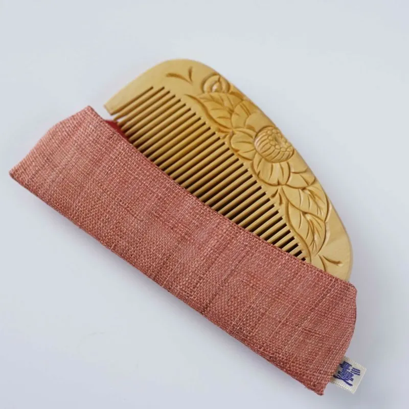 Japanese Tsuge (Boxwood) Comb with Hand Woven Linen Case - Camellia - ,  Handmade in Kyoto, Japan,  Japanese traditional hair comb