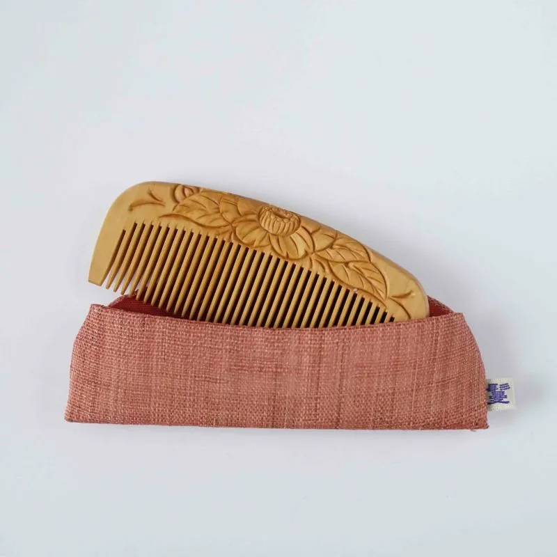 Japanese Tsuge (Boxwood) Comb with Hand Woven Linen Case - Camellia - ,  Handmade in Kyoto, Japan,  Japanese traditional hair comb