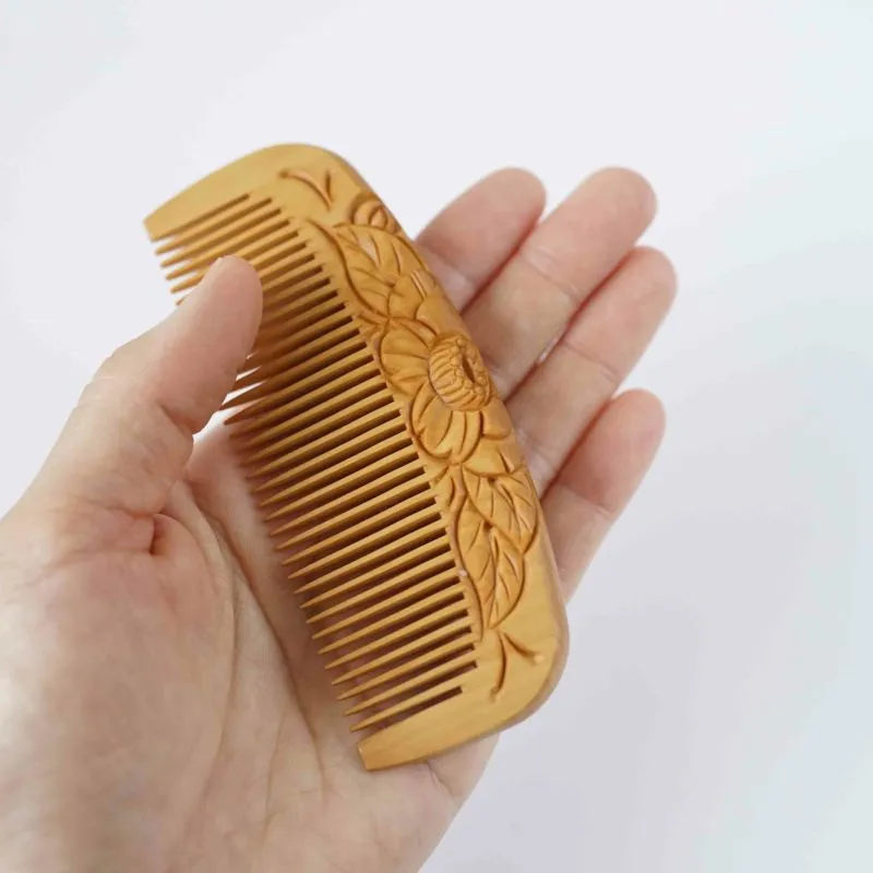 Japanese Tsuge (Boxwood) Comb with Hand Woven Linen Case - Camellia - ,  Handmade in Kyoto, Japan,  Japanese traditional hair comb