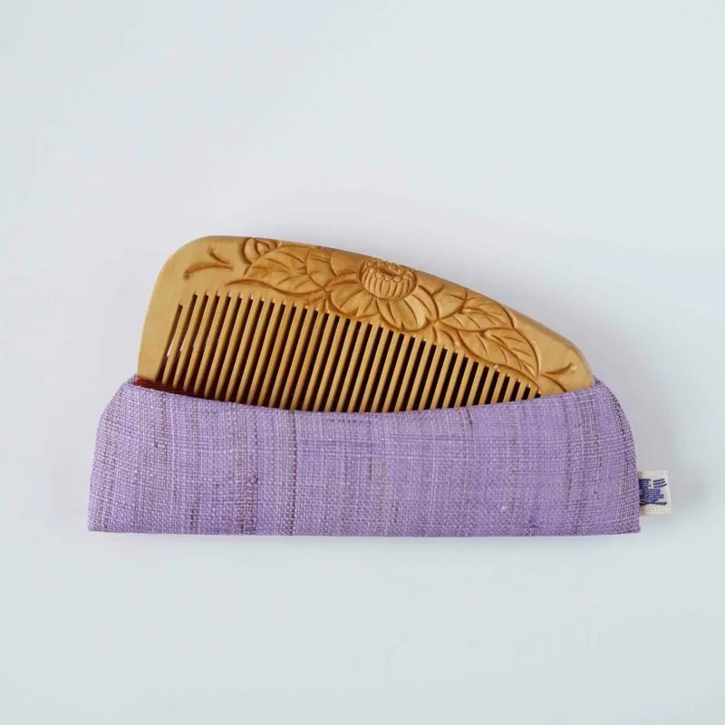 Japanese Tsuge (Boxwood) Comb with Hand Woven Linen Case - Camellia - ,  Handmade in Kyoto, Japan,  Japanese traditional hair comb