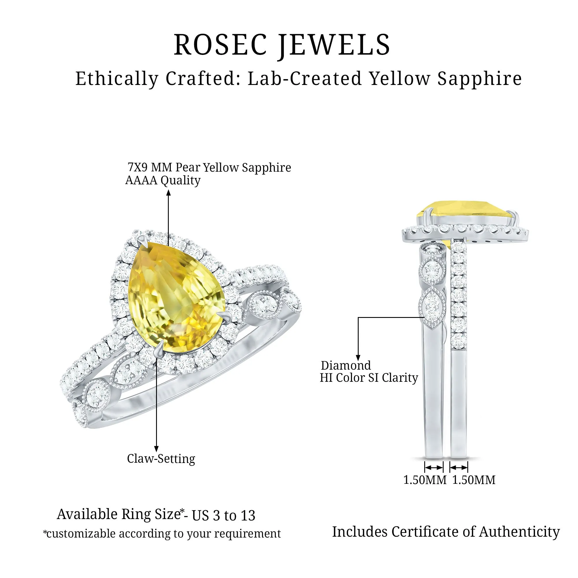 Lab Grown Yellow Sapphire Engagement Ring with Diamond Wedding Band