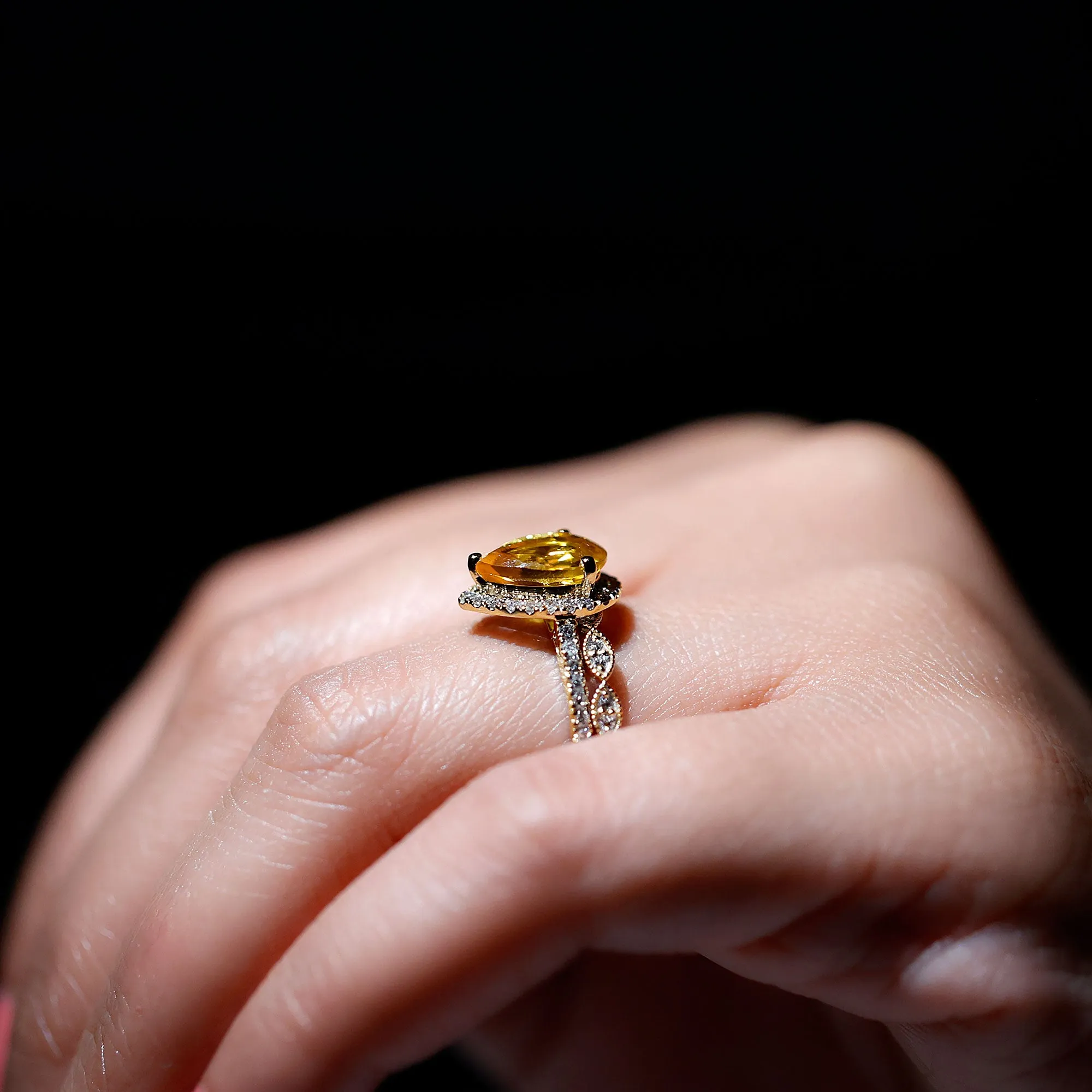 Lab Grown Yellow Sapphire Engagement Ring with Diamond Wedding Band