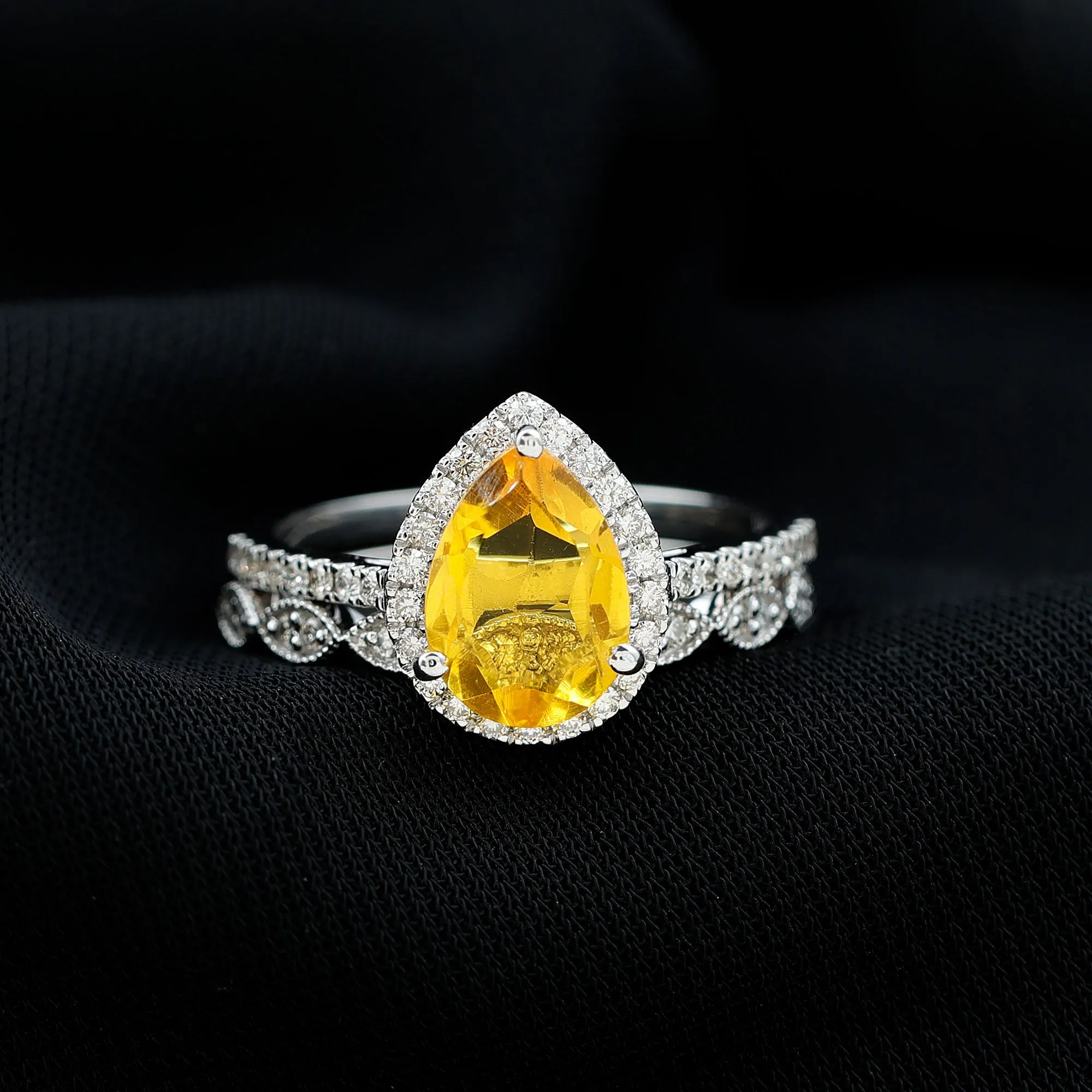 Lab Grown Yellow Sapphire Engagement Ring with Diamond Wedding Band