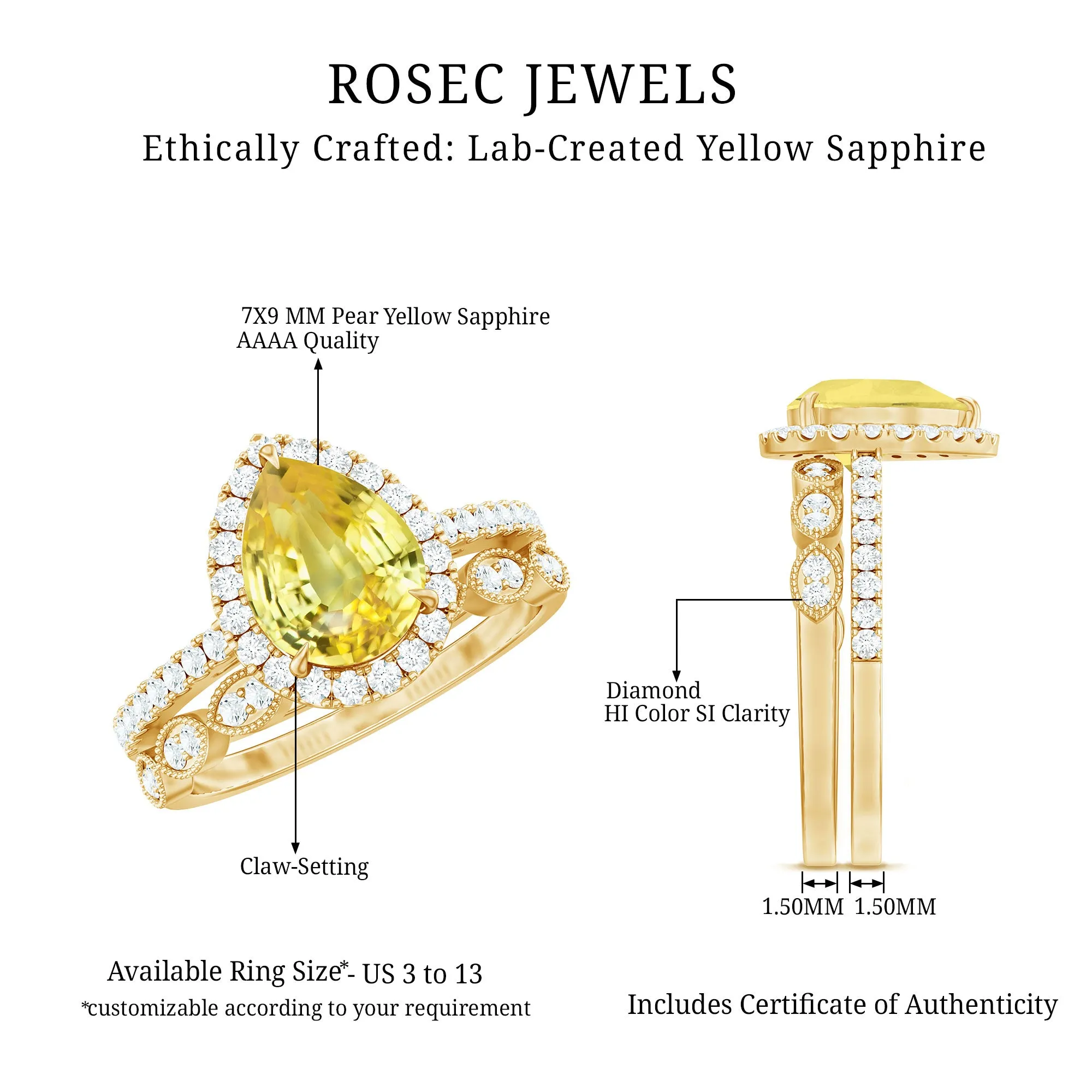 Lab Grown Yellow Sapphire Engagement Ring with Diamond Wedding Band