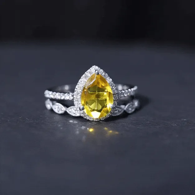 Lab Grown Yellow Sapphire Engagement Ring with Diamond Wedding Band