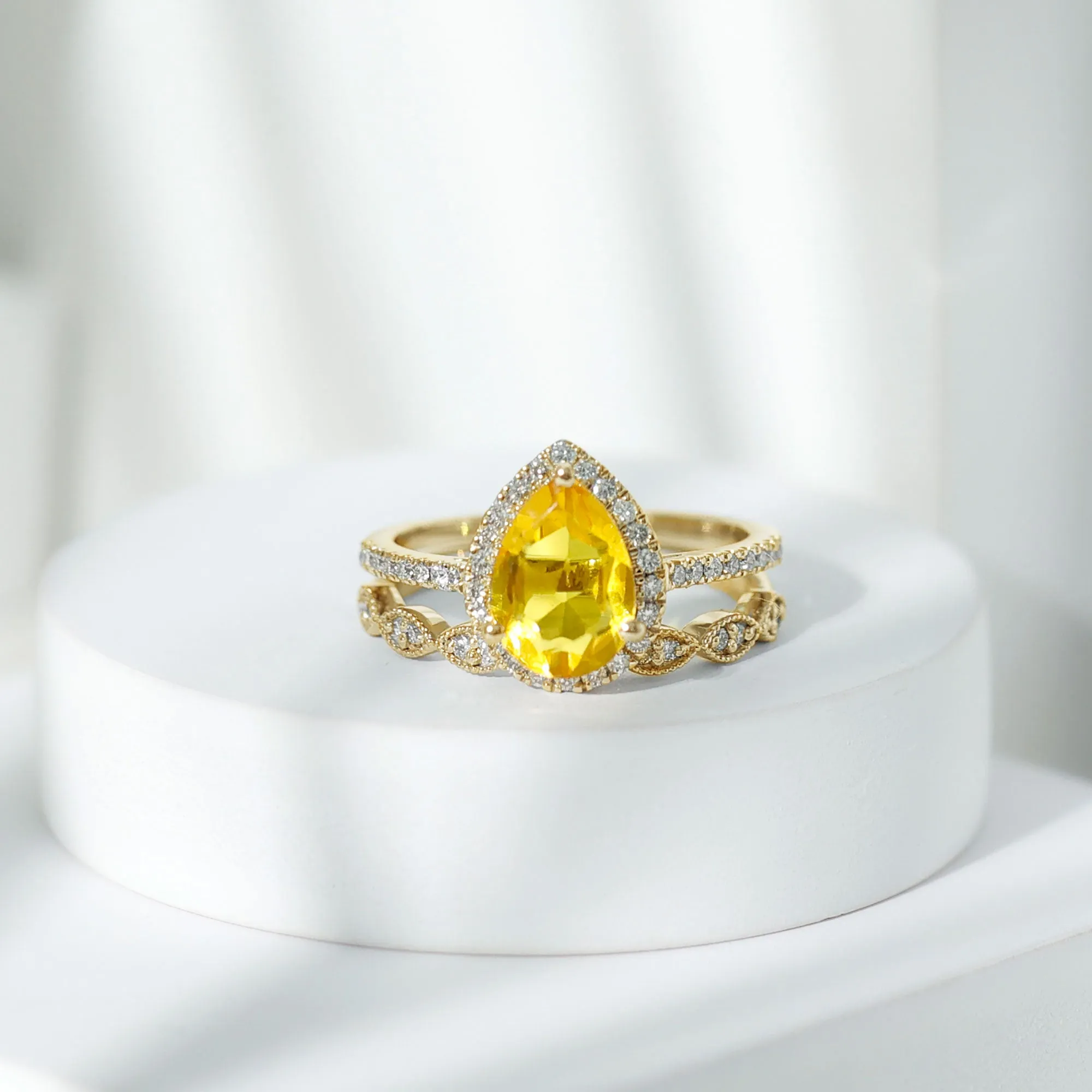 Lab Grown Yellow Sapphire Engagement Ring with Diamond Wedding Band
