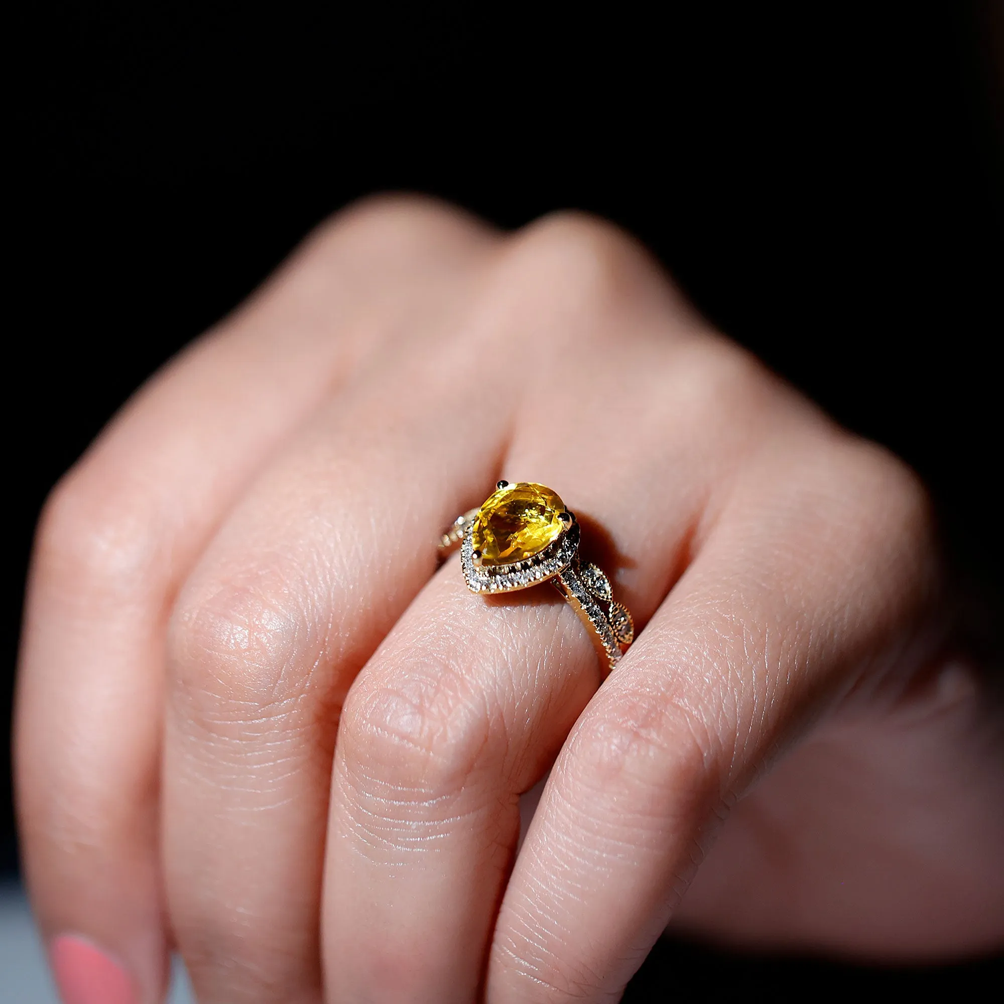 Lab Grown Yellow Sapphire Engagement Ring with Diamond Wedding Band