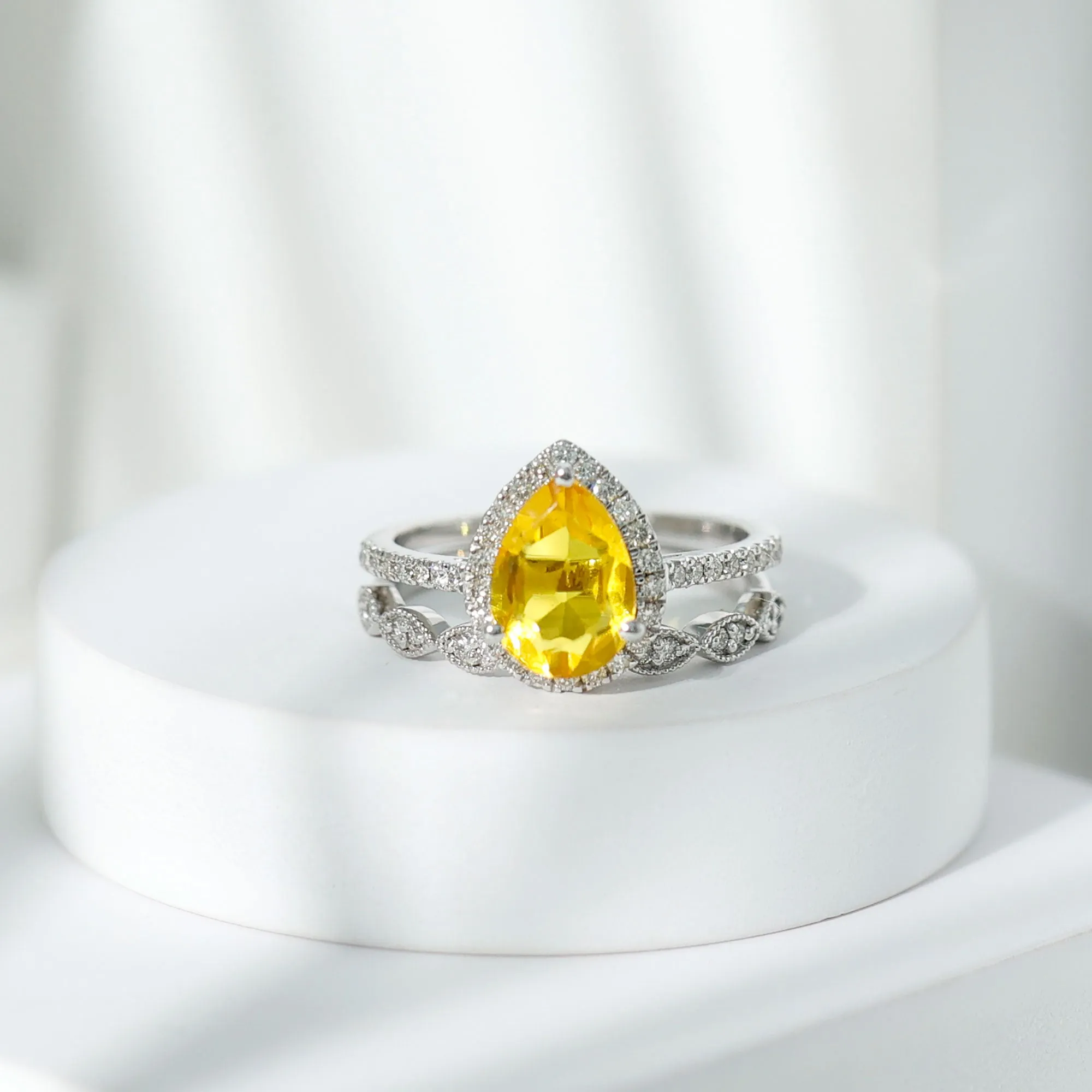 Lab Grown Yellow Sapphire Engagement Ring with Diamond Wedding Band