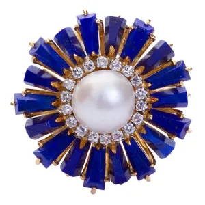 Lapis Lazuli Burst Pearl and Diamond Cocktail Ring
