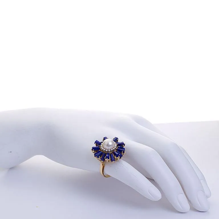 Lapis Lazuli Burst Pearl and Diamond Cocktail Ring