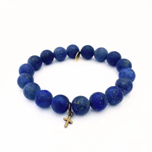 Lapis Lazuli Crystal Bracelet | Matte   Brass Cross Charm
