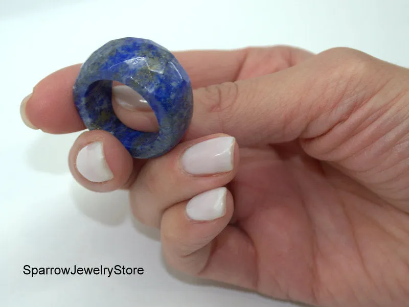 Lapis lazuli crystal ring band Stone ring size 11 12 Solid stacking ring Eastern style unisex ring Gift for her him Healing crystal jewelry
