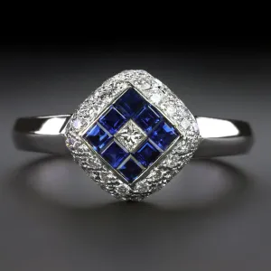 LE VIAN SAPPHIRE DIAMOND COCKTAIL RING 18k WHITE GOLD HALO PAVE DOME DESIGNER