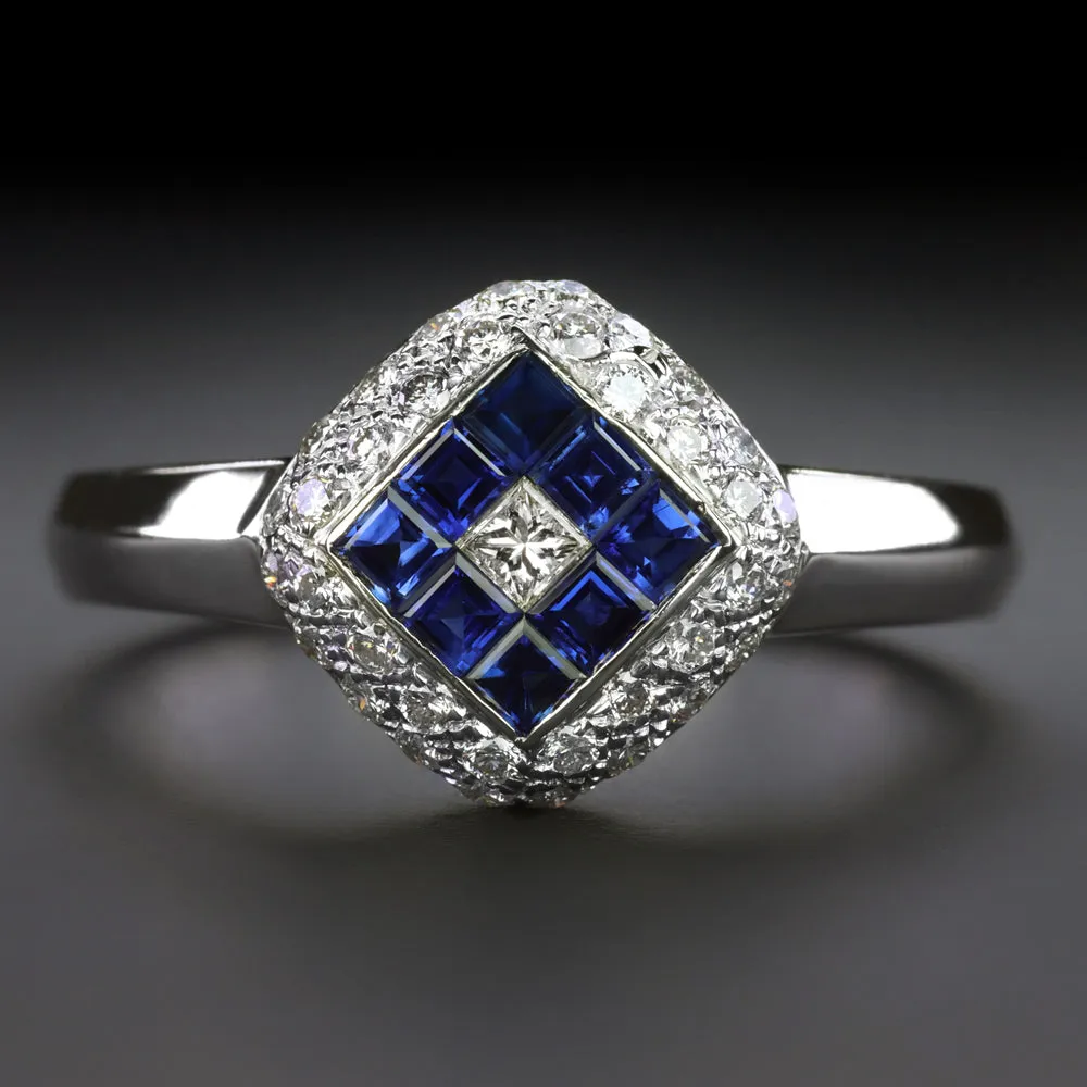 LE VIAN SAPPHIRE DIAMOND COCKTAIL RING 18k WHITE GOLD HALO PAVE DOME DESIGNER