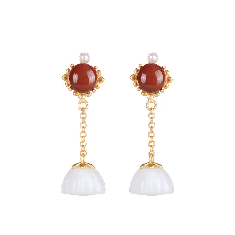 Natural Jade Earrings Nephrite Agate Pearl Silver Earrings ZNE131