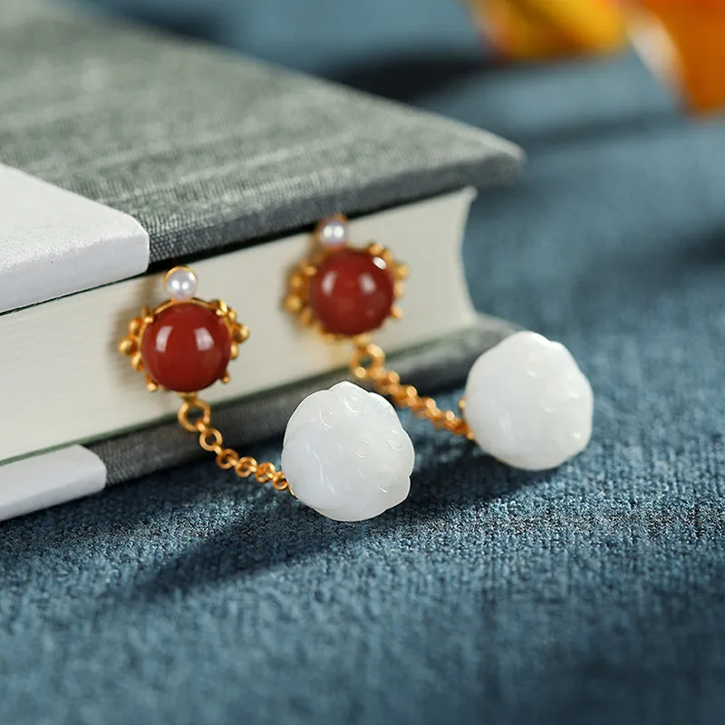 Natural Jade Earrings Nephrite Agate Pearl Silver Earrings ZNE131